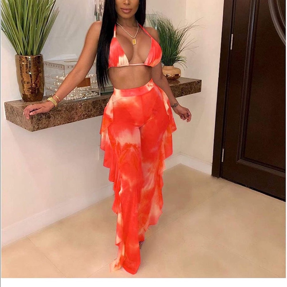 Sexy See Through Mesh Tie Dye Two Piece Outfits